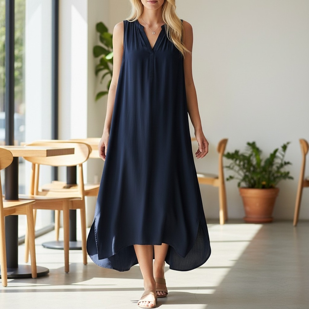 White House Black Market Navy Blue Pintuck High Low Sleeveless Shift Dress S
